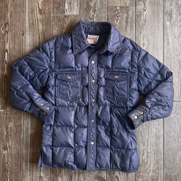Vtg Kentfield Men L Down Puffer Jacket 80s Snap Button Navy Quilted Chest Pocket - Picture 3 of 8